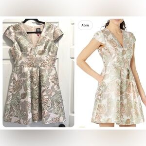 VINCE CAMUTO  Blush Metallic Jacquard Pleated Cap Sleeve Fit & Flare Dress Sz 6